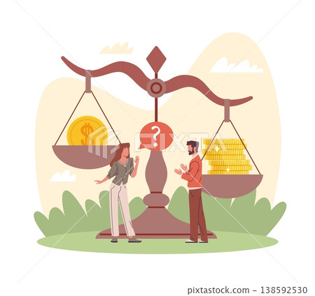 Gender discrimination. Sexism, gender roles and stereotypes at work, inequality, fairness issues in employment and salary, man and woman near pay scales vector cartoon isolated concept Gender discrimination. Sexism, gender roles and stereotypes at work, inequality, fairness issues in employment and salary, man and woman near pay scales vector cartoon isolated concept 138592530