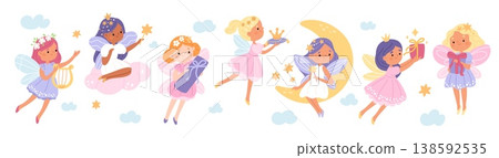 Magical fairies. Little girls characters, children with wings hold gifts, harp, crown, cute fairy costumes, fantasy princesses flying in clouds and stars, garish vector cartoon isolated set Magical fairies. Little girls characters, children with wings hold gifts, harp, crown, cute fairy costumes, fantasy princesses flying in clouds and stars, garish vector cartoon isolated set 138592535