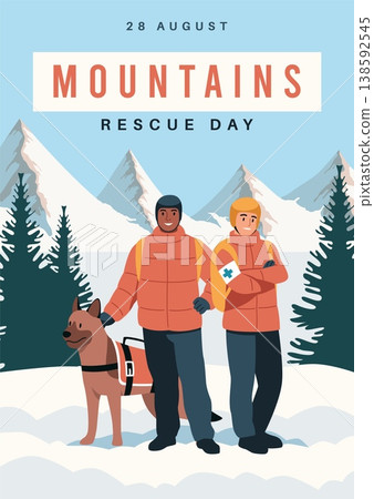 Mountain rescue day. Professional rescuers in gear with dog, avalanche risk, assistance to injured tourists and skiers, emergency response, holiday poster, tidy vector cartoon flat concept 138592545