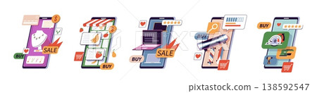 Online goods. Smartphones with different categories of products, virtual shopping, remote purchases, payment, sale and discount delivery, nowaday vector cartoon isolated e commerce set Online goods. Smartphones with different categories of products, virtual shopping, remote purchases, payment, sale and discount delivery, nowaday vector cartoon isolated e commerce set 138592547