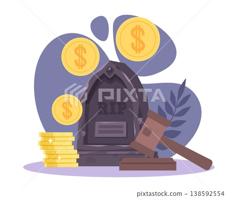 Payment of post mortem insurance. State payment, cemetery monument, gravestone with golden coins, estate assets and financial distribution after death, vector cartoon isolated concept 138592554