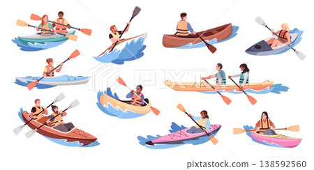 River rafting people. Extreme water sport, kayaks with paddles, racing athletes wearing life jackets, person on canoes, outdoor recreation and adventures tidy vector cartoon isolated set River rafting people. Extreme water sport, kayaks with paddles, racing athletes wearing life jackets, person on canoes, outdoor recreation and adventures tidy vector cartoon isolated set 138592560