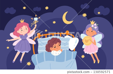 Tooth fairies with sleep child. Princesses with wings flying, golden coin and magic wand, kids myth, cartoon pretty girls bedtime, childhood fantasy garish vector cartoon isolated concept Tooth fairies with sleep child. Princesses with wings flying, golden coin and magic wand, kids myth, cartoon pretty girls bedtime, childhood fantasy garish vector cartoon isolated concept 138592571