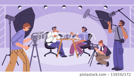 Video movie production process. Filming an interview in studio broadcasting, recording transmission, sound engineer and cameraman, professional media garish vector cartoon isolated concept Video movie production process. Filming an interview in studio broadcasting, recording transmission, sound engineer and cameraman, professional media garish vector cartoon isolated concept 138592572