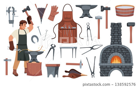 Blacksmith tools. Cartoon strong man in apron hits hammer on anvil, steel and metal products making, professional character craftsman with anvil, furnace, tongs and hammers, tidy vector set 138592576