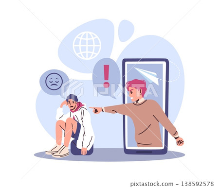 Bullying on social media. Online threats, stress reduction, virtual social communication, person harassing woman through smartphone, digital aggression, vector cartoon isolated concept Bullying on social media. Online threats, stress reduction, virtual social communication, person harassing woman through smartphone, digital aggression, vector cartoon isolated concept 138592578