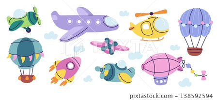 Childish style air transport. Kids flying toys, colorful airplanes, cute helicopters, balloons, space rockets, cartoon vehicles, travel tourism symbol, nursery decorative garish vector set 138592594