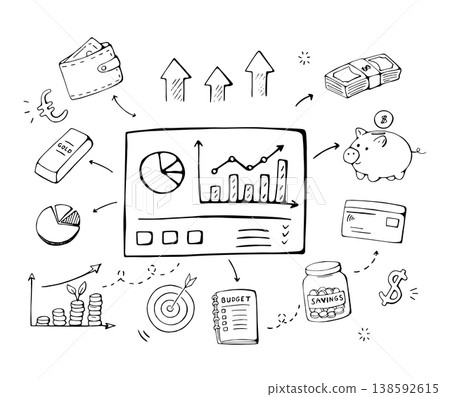 Business dashboard analytics concept with growth charts marketing data doodle illustration Business dashboard analytics concept with growth charts marketing data doodle illustration 138592615