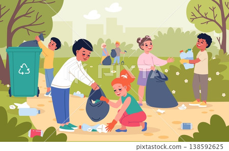 Cute kids collect garbage. Children clearing city park of trash, nature caring, little volunteers recycling garbage, community environmental care classy vector cartoon isolated concept 138592625