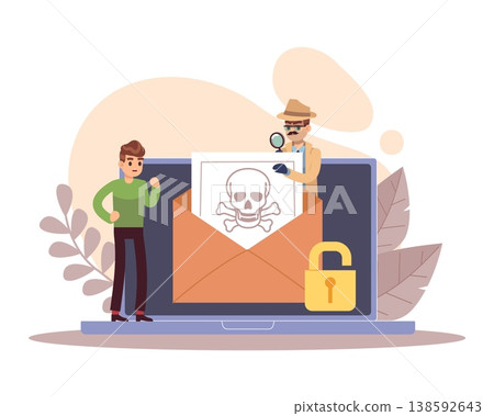 Malicious program. Computer software designed to cause damage to server, virus finding, data protection with warning content, secure access control app, vector cartoon isolated concept Malicious program. Computer software designed to cause damage to server, virus finding, data protection with warning content, secure access control app, vector cartoon isolated concept 138592643