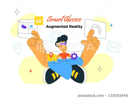 Smart Glasses Augmented Reality Illustration With Futuristic Interface, Digital Navigation Icons, Wearable Technology and Modern Innovation Design Smart Glasses Augmented Reality Illustration With Futuristic Interface, Digital Navigation Icons, Wearable Technology and Modern Innovation Design 138592648