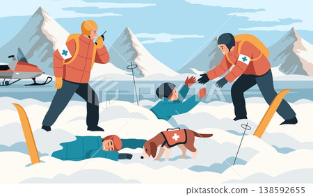 Mountain skier rescue. Professional rescue team pulling victim out from under snow, avalanche consequences, danger emergency, injured sport tidy vector cartoon isolated first aid concept 138592655
