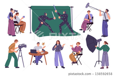 Movie production. Crew filming team on set, video operators, professional creation videographers, actors and director, people create films and shows, garish vector cartoon isolated set Movie production. Crew filming team on set, video operators, professional creation videographers, actors and director, people create films and shows, garish vector cartoon isolated set 138592658