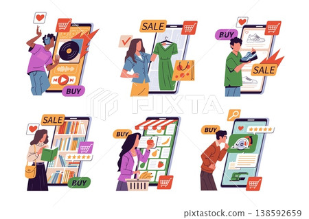 Online shopping with smartphone. People choose products, devices using, remote payment, different goods categories, sale and discount e-commerce concept nowaday vector cartoon isolated set 138592659