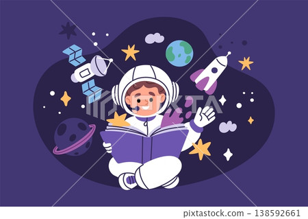 Reading space book. Funny boy reads about cosmos adventures, child in spacesuit fantasizes, astronautic adventures, science learning and education, garish vector cartoon isolated concept Reading space book. Funny boy reads about cosmos adventures, child in spacesuit fantasizes, astronautic adventures, science learning and education, garish vector cartoon isolated concept 138592661