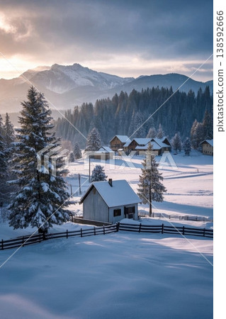 A tranquil village nestled at the foot of snow-capped mountains: a winter fairytale cottage. A tranquil village nestled at the foot of snow-capped mountains: a winter fairytale cottage. 138592666