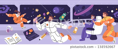 Spaceship interior with astronauts. Cartoon people floating in zero gravity, eating in space, pilots at control panel, horizontal background, crew universe exploration garish vector concept Spaceship interior with astronauts. Cartoon people floating in zero gravity, eating in space, pilots at control panel, horizontal background, crew universe exploration garish vector concept 138592667