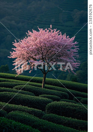 茶园里的浪漫樱花 春日茶园的粉色诗意 138592676