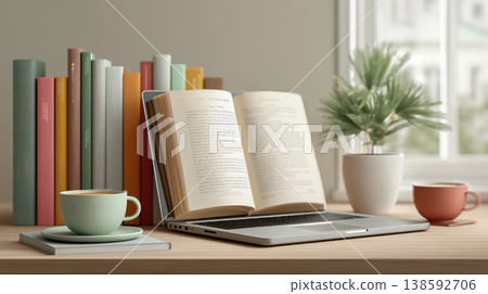 用筆記型電腦和書本享受一段愉快的閱讀時光。 138592706