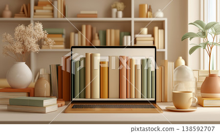 一個將書架和筆記型電腦連接起來的數位閱讀空間。 138592707