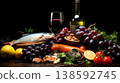 Classic dutch still life painting with wine and fresh fruits for purchase on stock photo platform 138592745