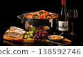 Classic dutch still life painting with wine, grapes, and fresh fruits for stock photo purchase 138592746