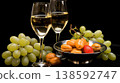 Dutch still life with wine, cheese and fresh fruits on rustic table for stock photo 138592747