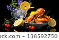 Elegant still life with lobsters and fresh fruits, low key photo for food lovers 138592750