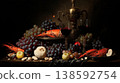 Still life painting with silver wine jug, fresh seafood, and assorted fruits on table 138592754