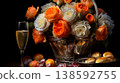 Still life with wine and roses in a beautiful silver vase, low key photography for sale 138592755