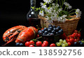 Classic dutch still life painting with wine and fresh fruits for purchase on stock photo platform 138592756