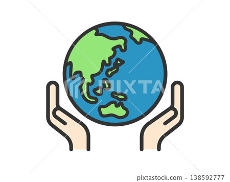 An illustration of a hand embracing the Earth (line drawing, color). An illustration of a hand embracing the Earth (line drawing, color). 138592777