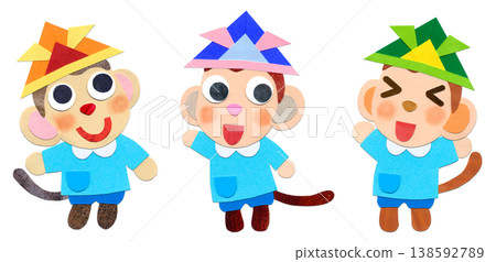 兒童節:三隻穿著罩衫和頭盔的小猴子-拼貼人物插畫 兒童節:三隻穿著罩衫和頭盔的小猴子-拼貼人物插畫 138592789