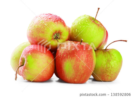 A pile of fresh, juicy red and green apples covered in water droplets, isolated on a white background. Perfect for healthy eating and agriculture concepts. High quality photo 138592806