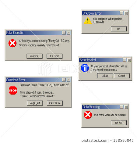 Funny absurd pixel error popup window collection, retro vector illustration set 138593045