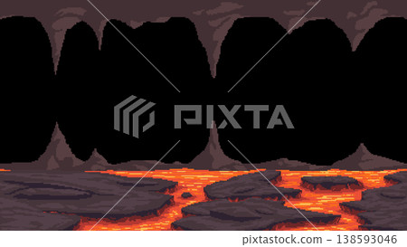 Pixel art hell lava cave background Pixel art hell lava cave background 138593046