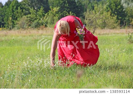 Woman in red dress picking bouquet of wild flowers. Pretty woman in red dress 138593114