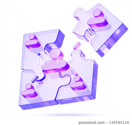 Hologram glass 3d puzzle pieces with team of people. Business icon of partnership, teamwork cooperation, collaboration, project management, work meeting. Connected blue purple jigsaw. 3D illustration 138593124
