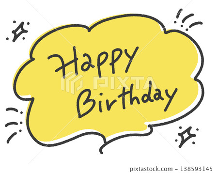生日快樂！黃色手寫祝福語，帶有對話框和閃光裝飾。 138593145