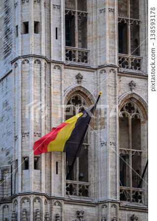 Belgian flag on gothic historic building facade Belgian flag on gothic historic building facade 138593178