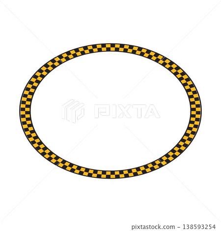 Oval frame with black and yellow checkered print. Elliptic vignette with taxi or police car pattern isolated on white background. Simple geometric framework. Vector flat illistration 138593254