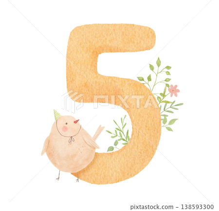Cute bird with number 5 and flowers, watercolour funny illustration for birthday celebration and greeting design 138593300
