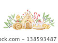 Watercolor traditional Christmas desserts illustration isolated on white. Gingerbread house with candy canes, cake, Yule log and mistletoe branches. Winter holidays sweet food horizontal clip art 138593487