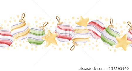 Watercolor Christmas baubles seamless border on white. Hand drawn striped tree toys in pastel yellow, red and green colors. New Year hanging balls horizontal repeat background for festive designs 138593490