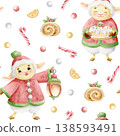 Hand drawn cartoon lambs with Christmas desserts watercolor seamless pattern. Cute sheep animal characters in winter clothes with sweet cake, lantern and candy canes. Happy New Year repeat background 138593491