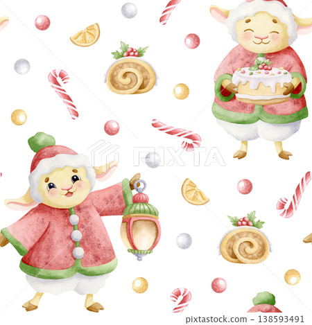 Hand drawn cartoon lambs with Christmas desserts watercolor seamless pattern. Cute sheep animal characters in winter clothes with sweet cake, lantern and candy canes. Happy New Year repeat background 138593491