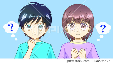 An anime-style illustration of a boy and a girl who are confused, troubled, and have questions. An anime-style illustration of a boy and a girl who are confused, troubled, and have questions. 138593576