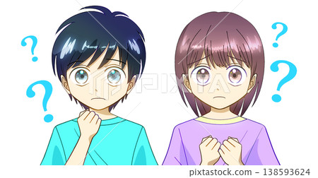 An anime-style illustration of a boy and a girl who are confused, troubled, and have questions, against a white background. An anime-style illustration of a boy and a girl who are confused, troubled, and have questions, against a white background. 138593624