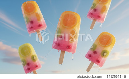 Colorful Floating Fruit Popsicles 3D Render Colorful Floating Fruit Popsicles 3D Render 138594146