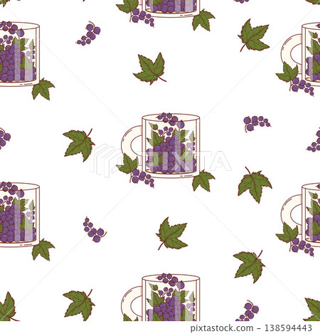 Seamless Pattern with Black Currant in Glass Mug with Leaves and Berries Bunches on White Background. Fresh Eco Friendly Purple Fruit Harvest Square template. Vector Illustration Seamless Pattern with Black Currant in Glass Mug with Leaves and Berries Bunches on White Background. Fresh Eco Friendly Purple Fruit Harvest Square template. Vector Illustration 138594443